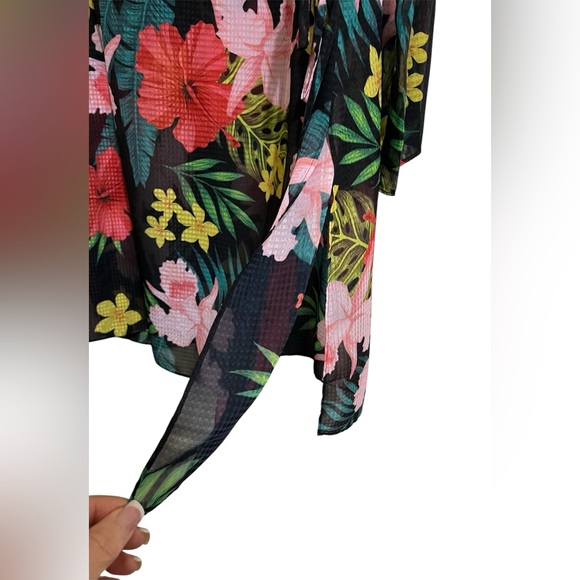 Soft Surroundings Tropical Moonlight Sheer Blouse Top Black Floral Bell PL - Picture 7 of 9